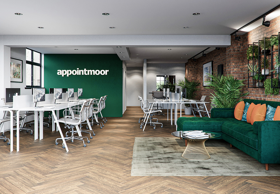 Appointmoor Office Interior with Workspace and Meeting Area